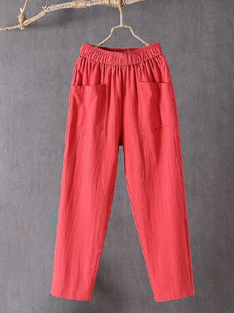 Women's Pockets Design Linen Blend Elastic Waist Pants wearshes