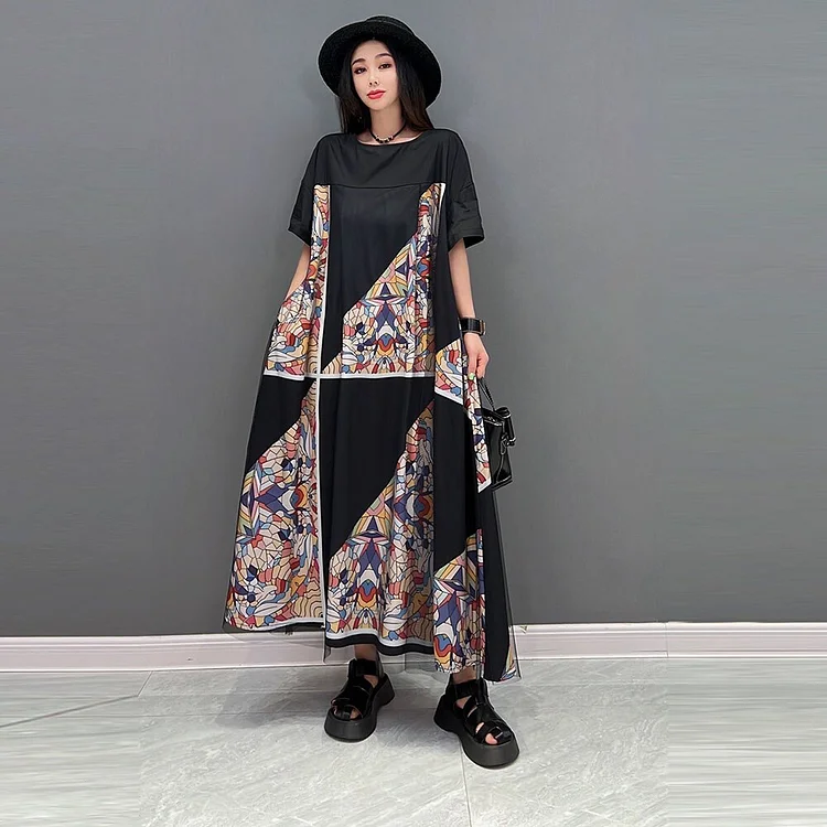 Art Loose Black O-neck Stained Glass Printed Mesh Patchwork Short Sleeve Dress      