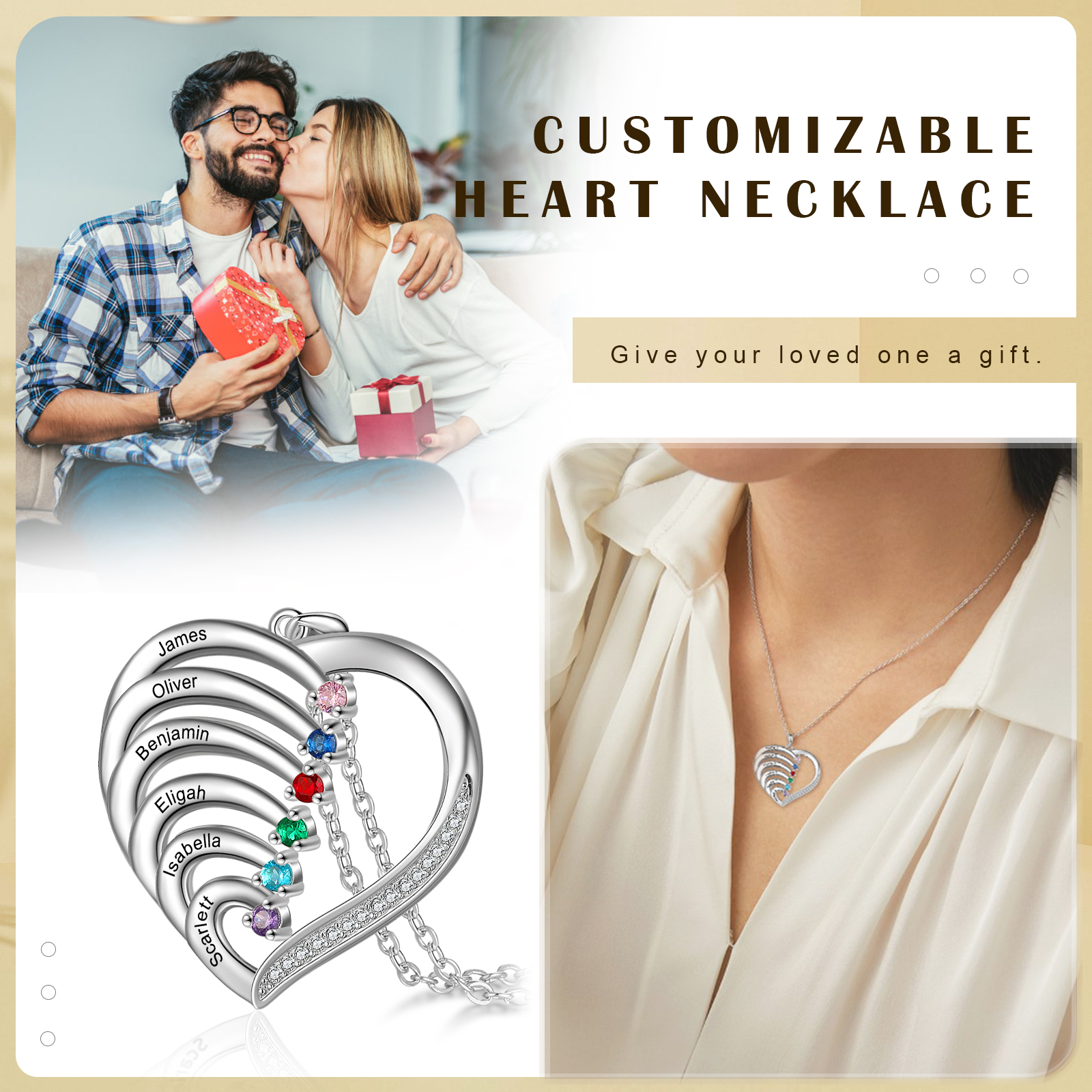 Argento S925 Collana con 6 nomi personalizzati e 6 pietre di nascita in ciondolo a cuore con scatola rosa