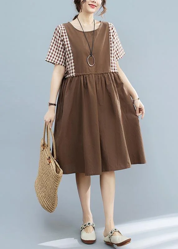 French Chocolate Patchwork Plaid  Maxi Summer Cotton Dress