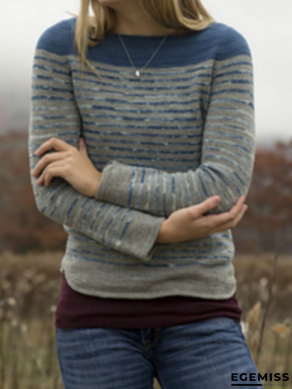 Blue Striped Round Neck Long Sleeve Shirts & Tops | EGEMISS