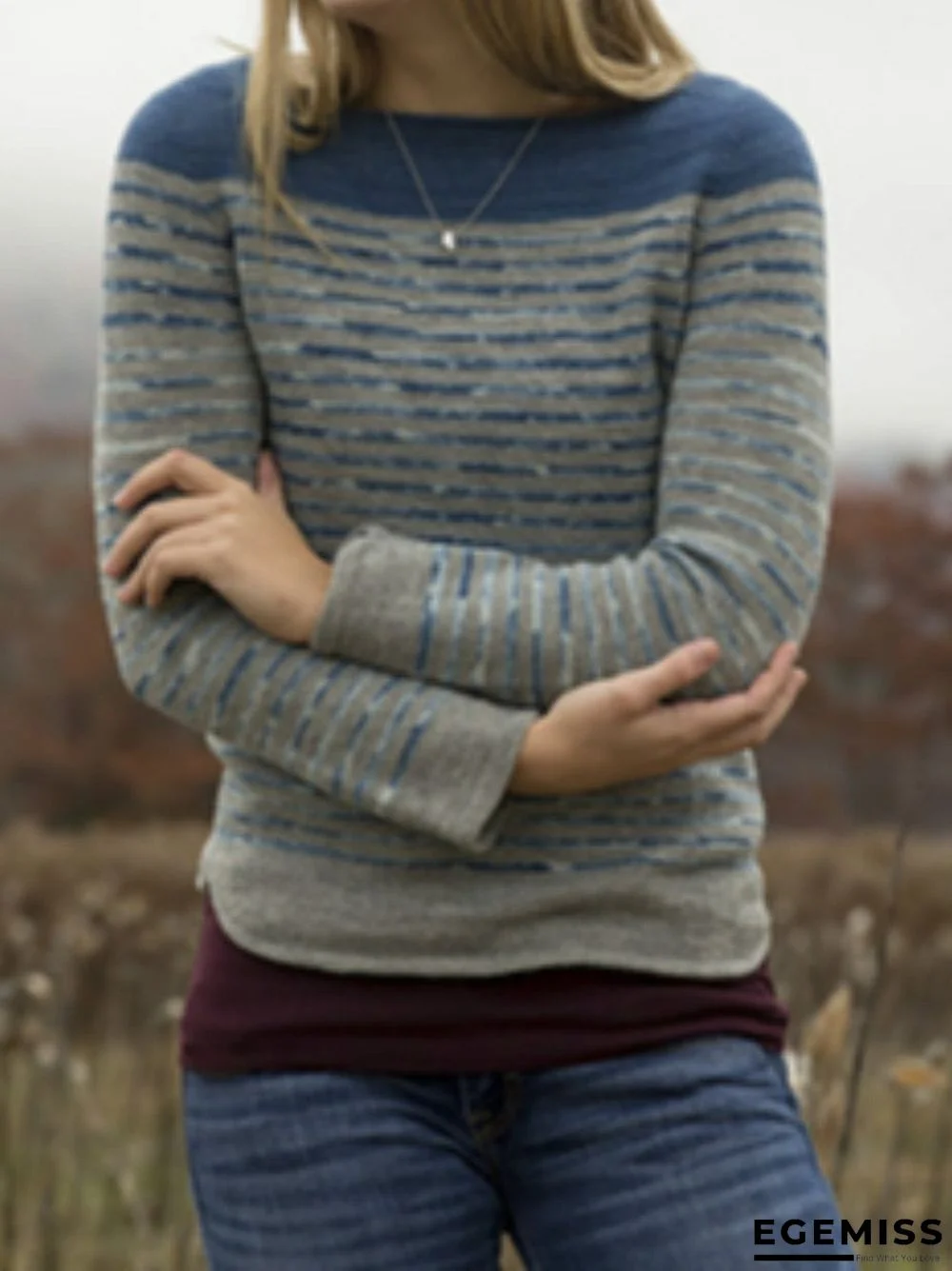 Blue Striped Round Neck Long Sleeve Shirts & Tops | EGEMISS