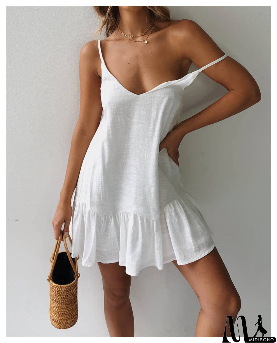 MidiSono - Loose Summer Dress Cotton Sexy White Halter V-neck Ruffled Women Casual Spaghetti Strap Mini beach clothes for women
