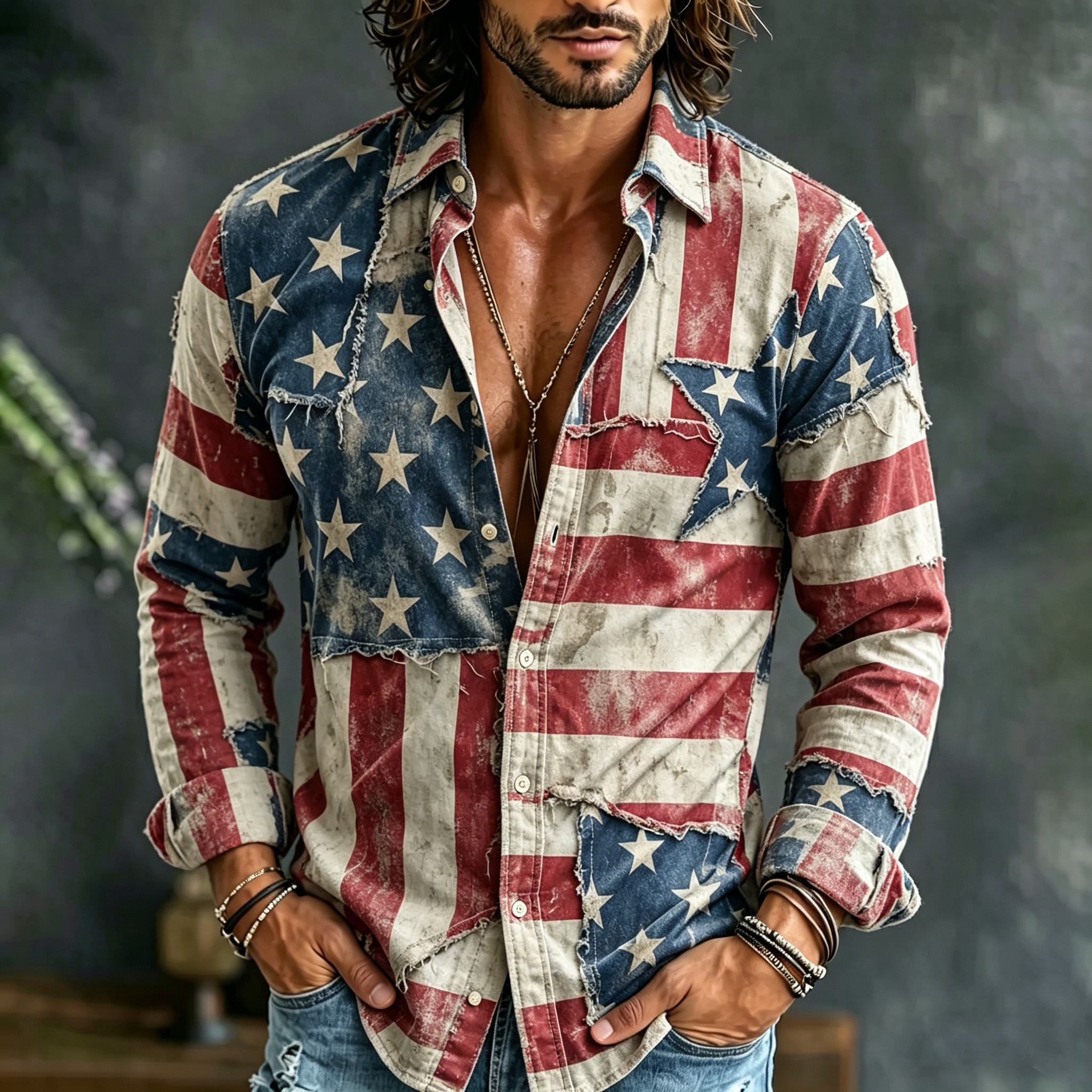  Men's Retro Flag Patchwork Art Print Long Sleeve Casual Shirt Westsshops