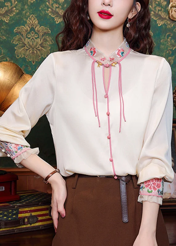 Classy Apricot Stand Collar Tulle Patchwork Silk Top Spring