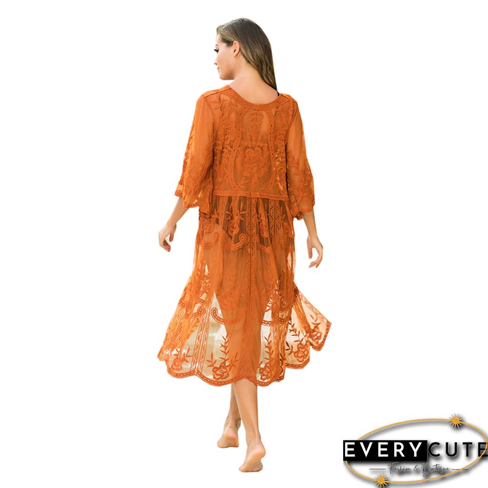 Orange Floral Print Mesh Embroidery Cover up