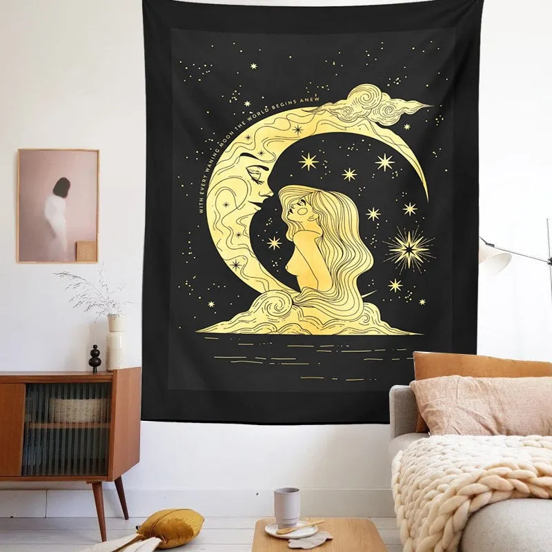 Sun and Moon Tapestry Moon girl Tarot Card Witchcraft Wall Hanging black Art Print Mural Background Tapestries for Bedroom Dorm
