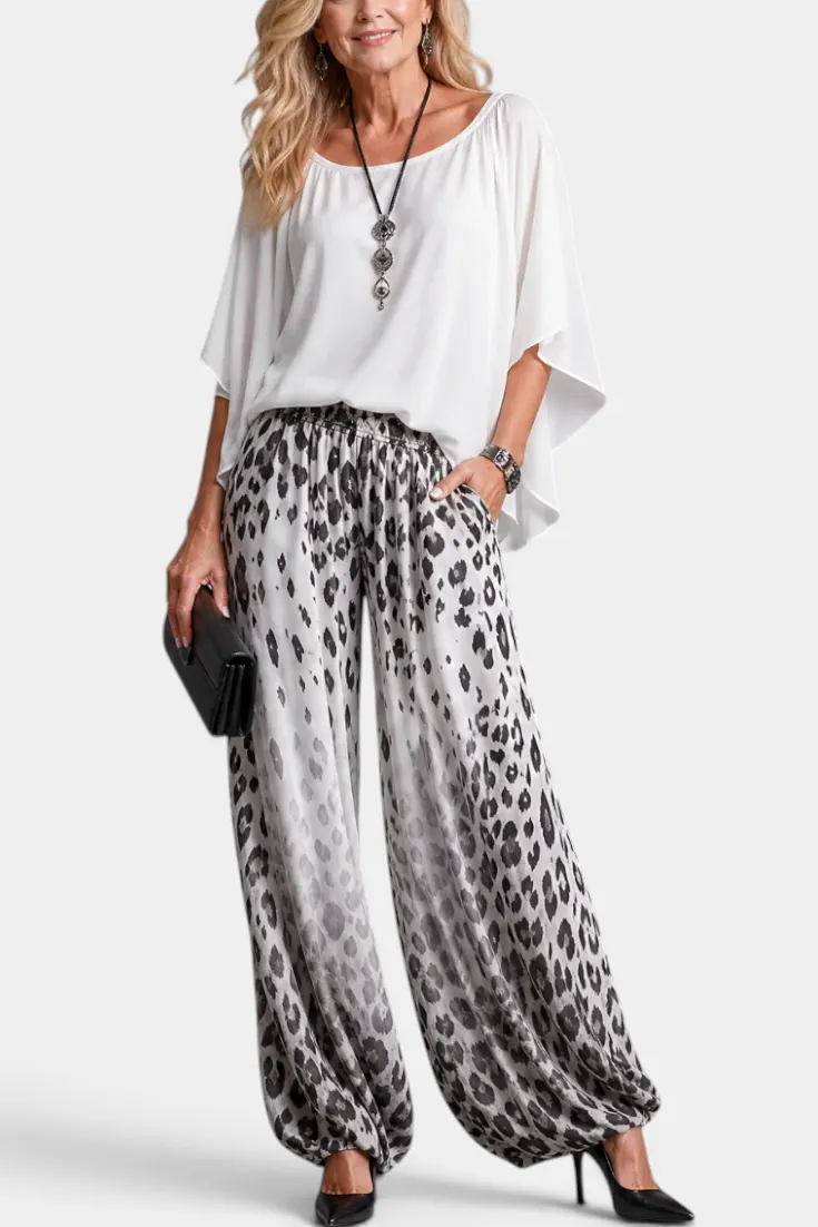 Off-Shoulder Chiffon Top with Leopard Wide-Leg Pants Set