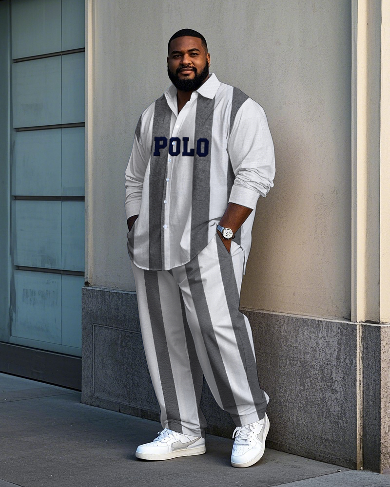 Big Men's Simple Fashion Vertical Stripe & POLO Letter Printed Long Sleeve Shirt Pants Set