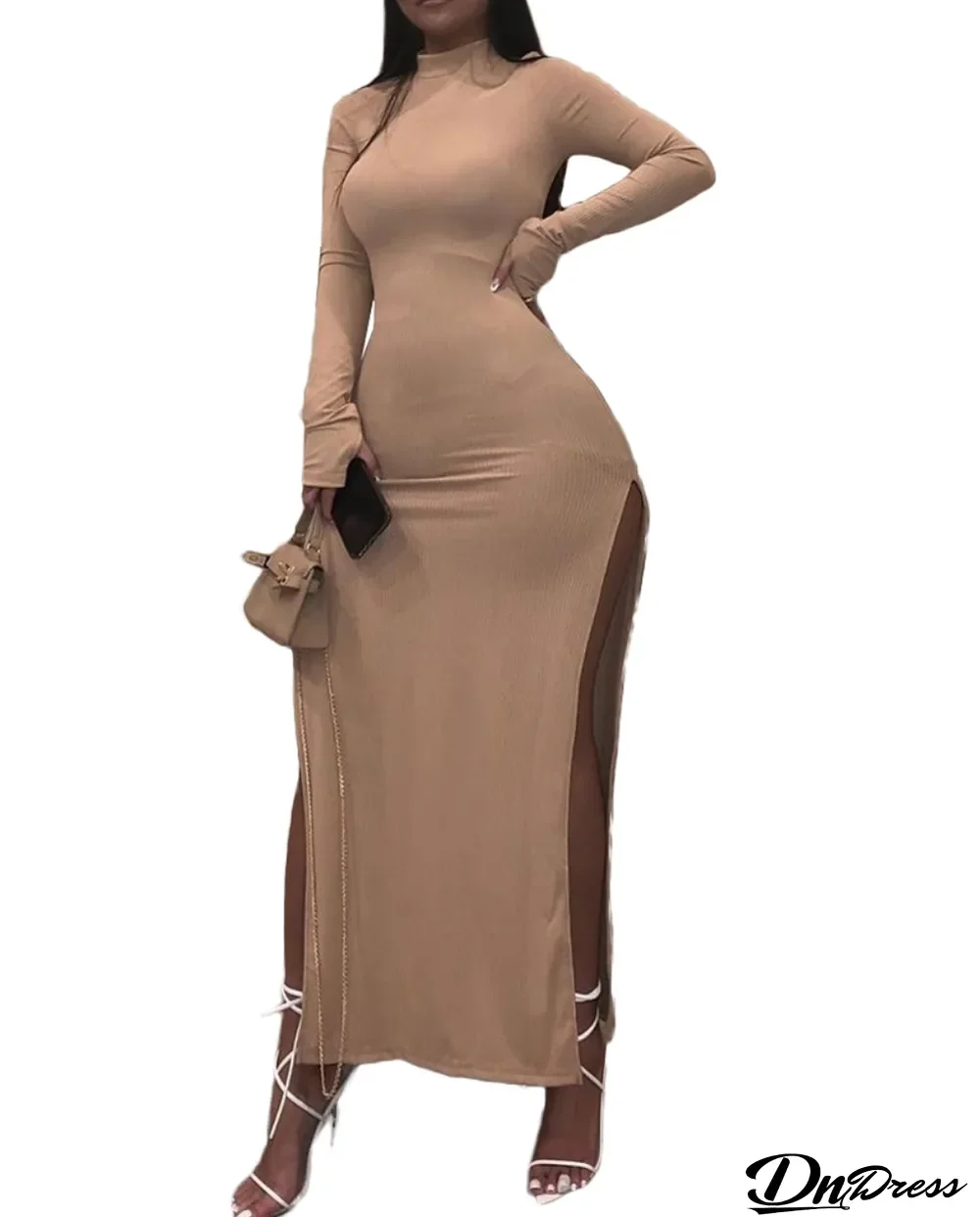 Autumn Solid Plain Long Sleeve Slit Long Dress