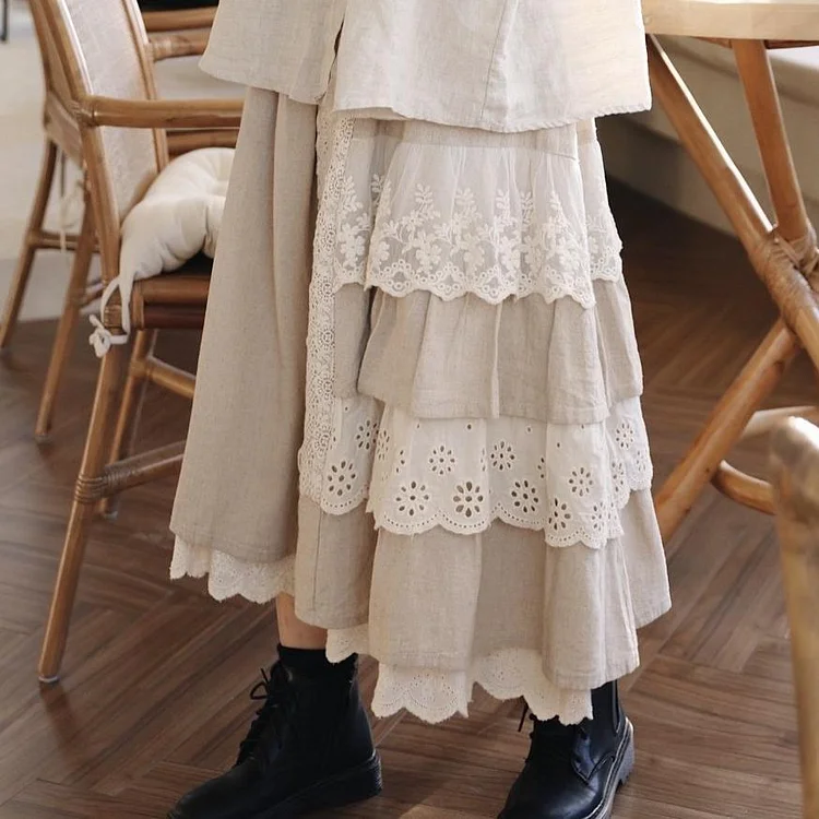 Queenfunky cottagecore style Multiple-Layered Lace Linen Skirt QueenFunky