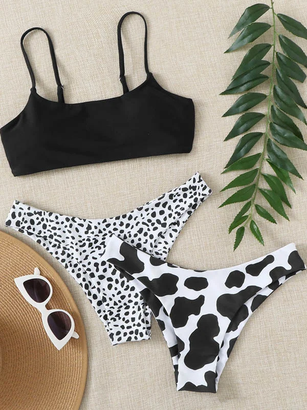 Solid Color Top+Cow Print And Leopard Trunks Three Pieces Set