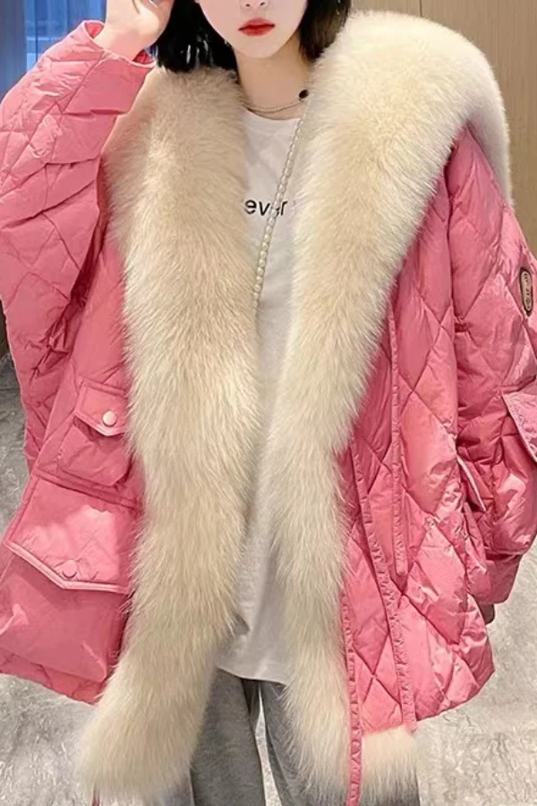 Women Pink Fur Collar Oversized Duck Down Puffers Jackets Winter