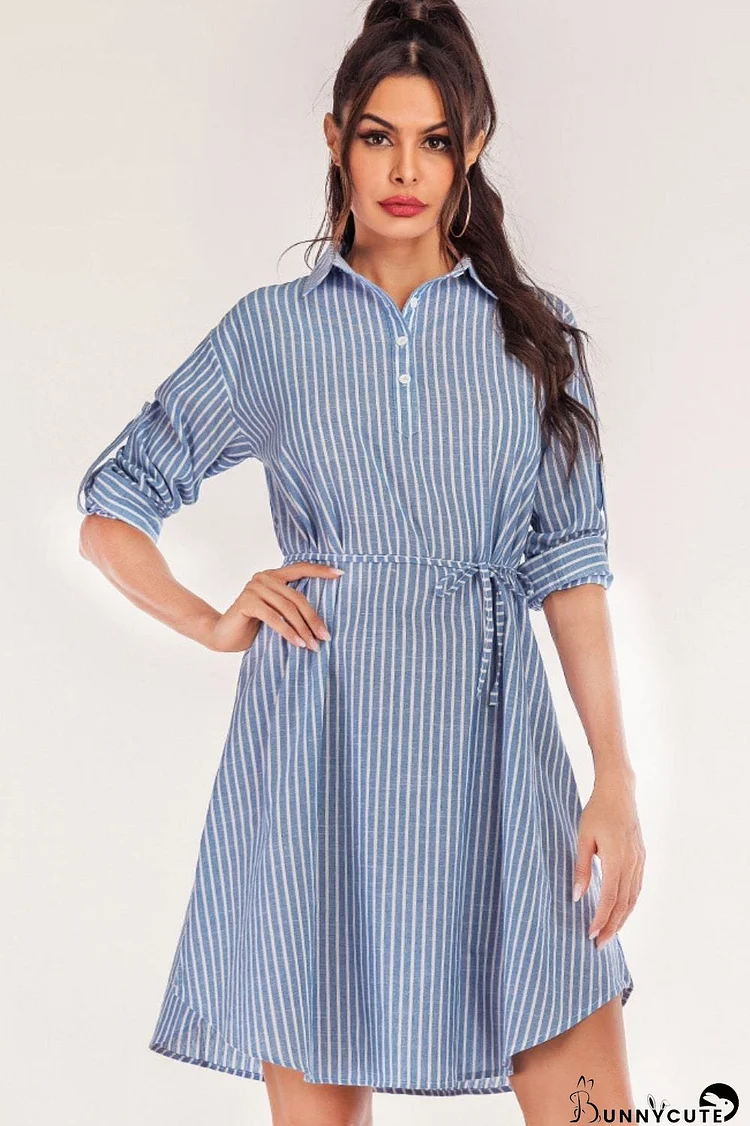 Full Size Striped Quarter-Button Roll-Tab Sleeve Shirt Dress