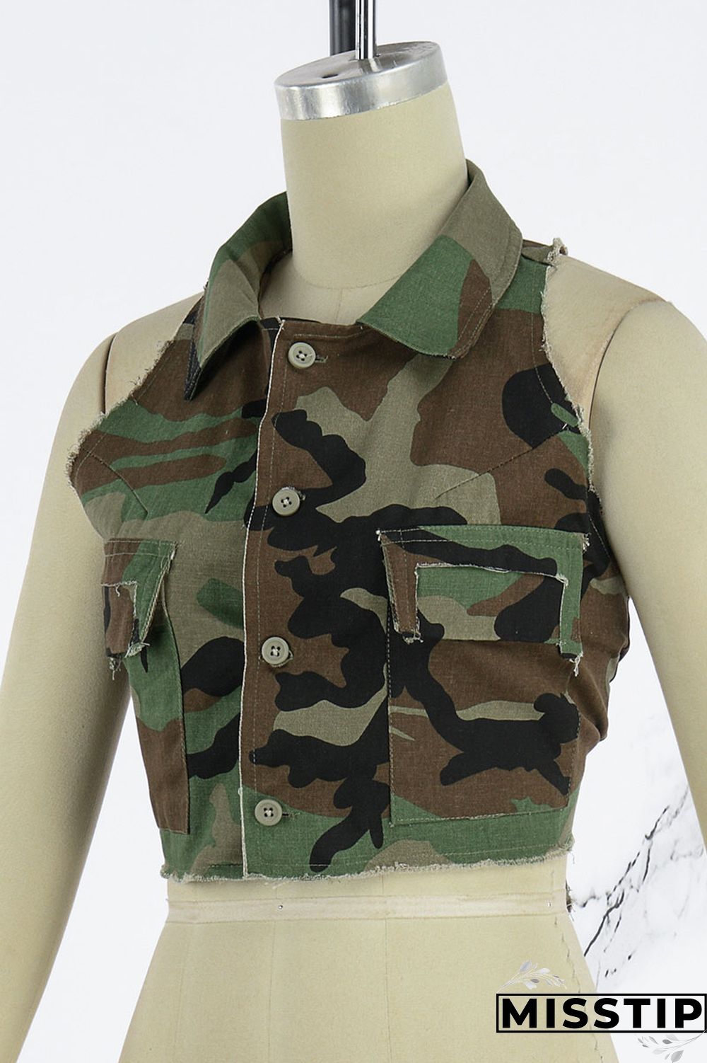 Camouflage Street Print Camouflage Print Patchwork Pocket Buckle Turndown Collar Tops