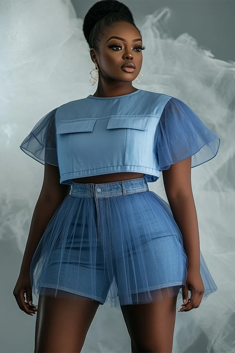 Xpluswear Design Plus Size Daily Blue Casual Round Neck Short Sleeve Contrast Tulle Tencel Denim Two Piece Short Sets [Pre-Order] 2024 - Xpluswear