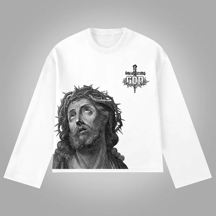 Jesus Portrait Cross Bible Graphic Print Cotton Long Sleeve T-Shirt