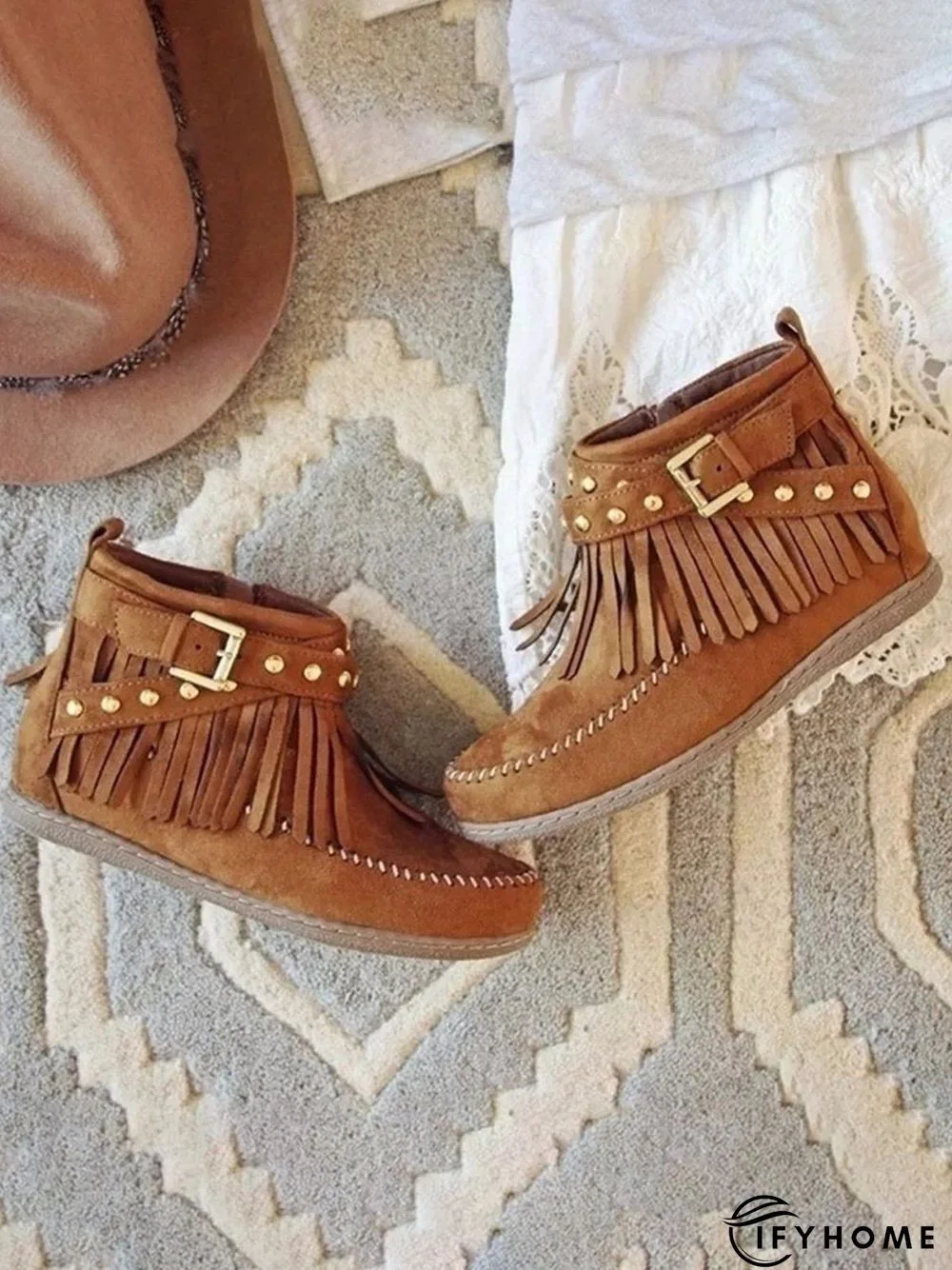 Vintage Fringe Studded Flat Round Toe Buckle Booties | IFYHOME
