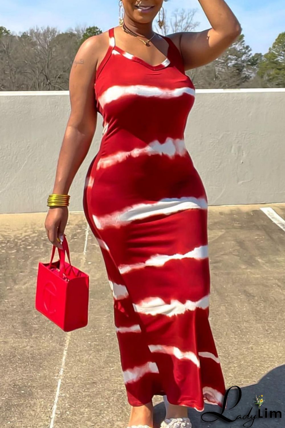 Coffee Fashion Print Backless Spaghetti Strap Long Dress