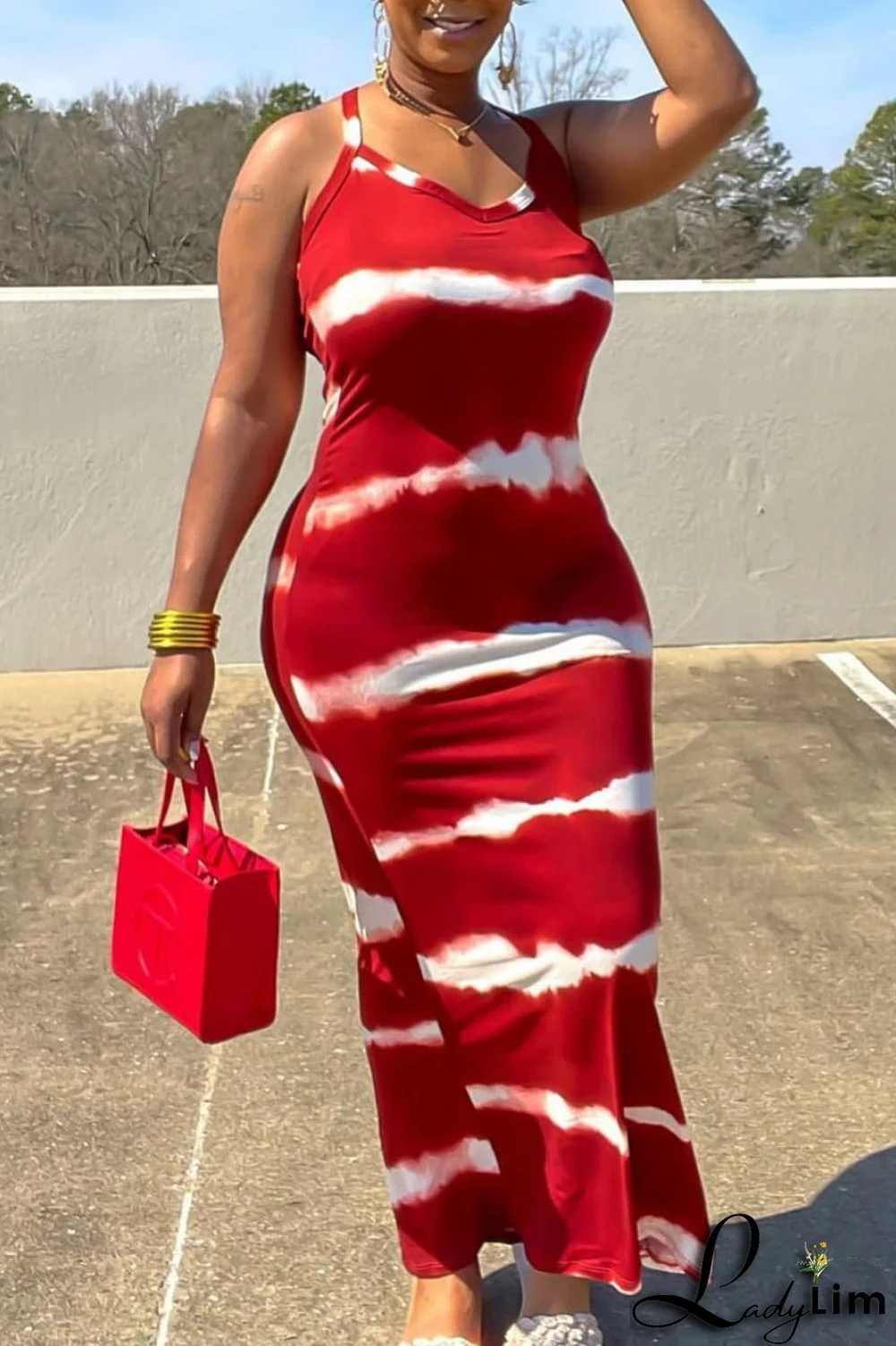 Coffee Fashion Print Backless Spaghetti Strap Long Dress