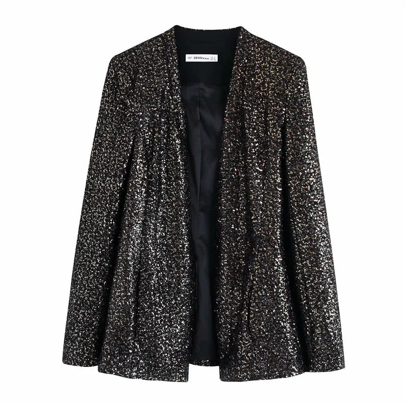 Evfer Women Autumn Fashion Shinny Sequined Za Black Long Blazers Cardigan Stylish Ladies None Button Club Jackets Outwear Chic