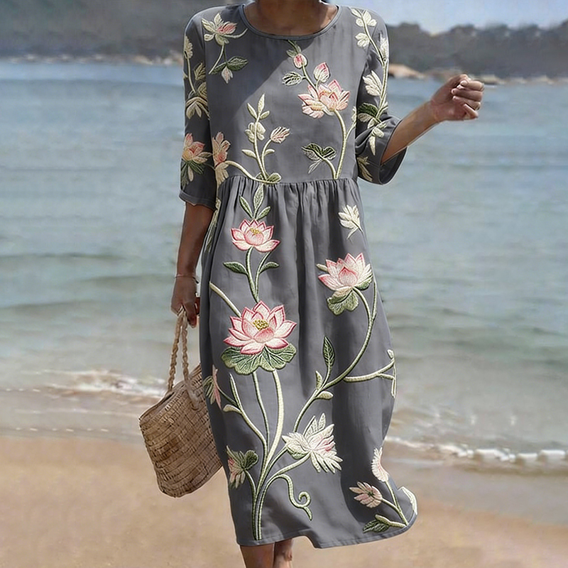 Comstylish Vintage Lotus Art Pattern Linen Blend Loose Three-quarter Sleeve Dress