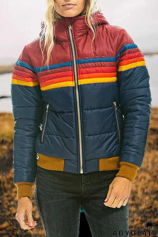 Winter Casual Patchwork Zippered Hooded Pocket Long Sleeved Coat