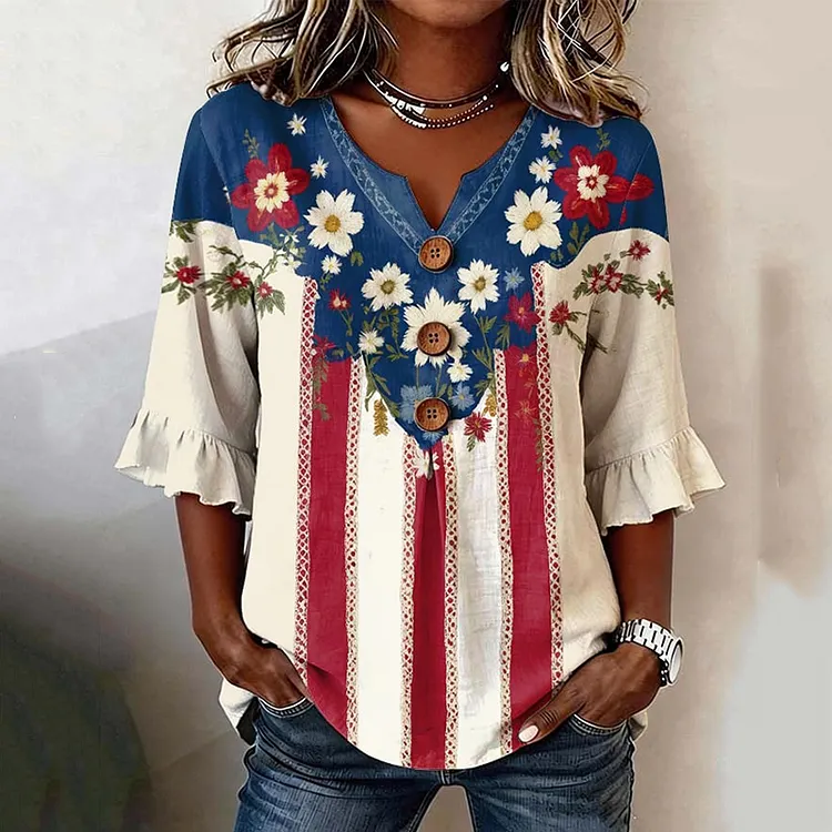Women's Casual Color Block Anniversary Floral Print Shirt