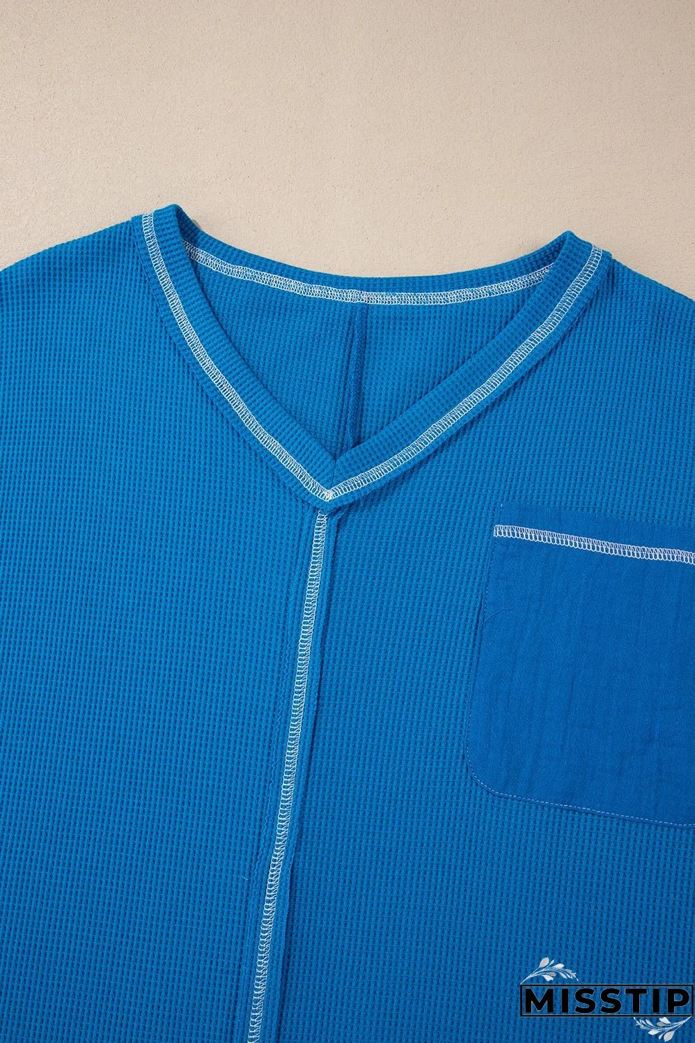 Sky Blue Lace Floral Patchwork Sleeve Stitching V Neck Rib Knit Blouse