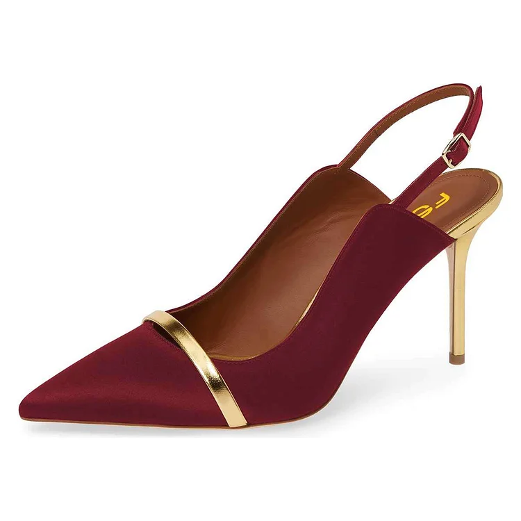 Burgundy Pointy Toe Gold Strap Stiletto Heel Slingback Pumps |FSJ Shoes