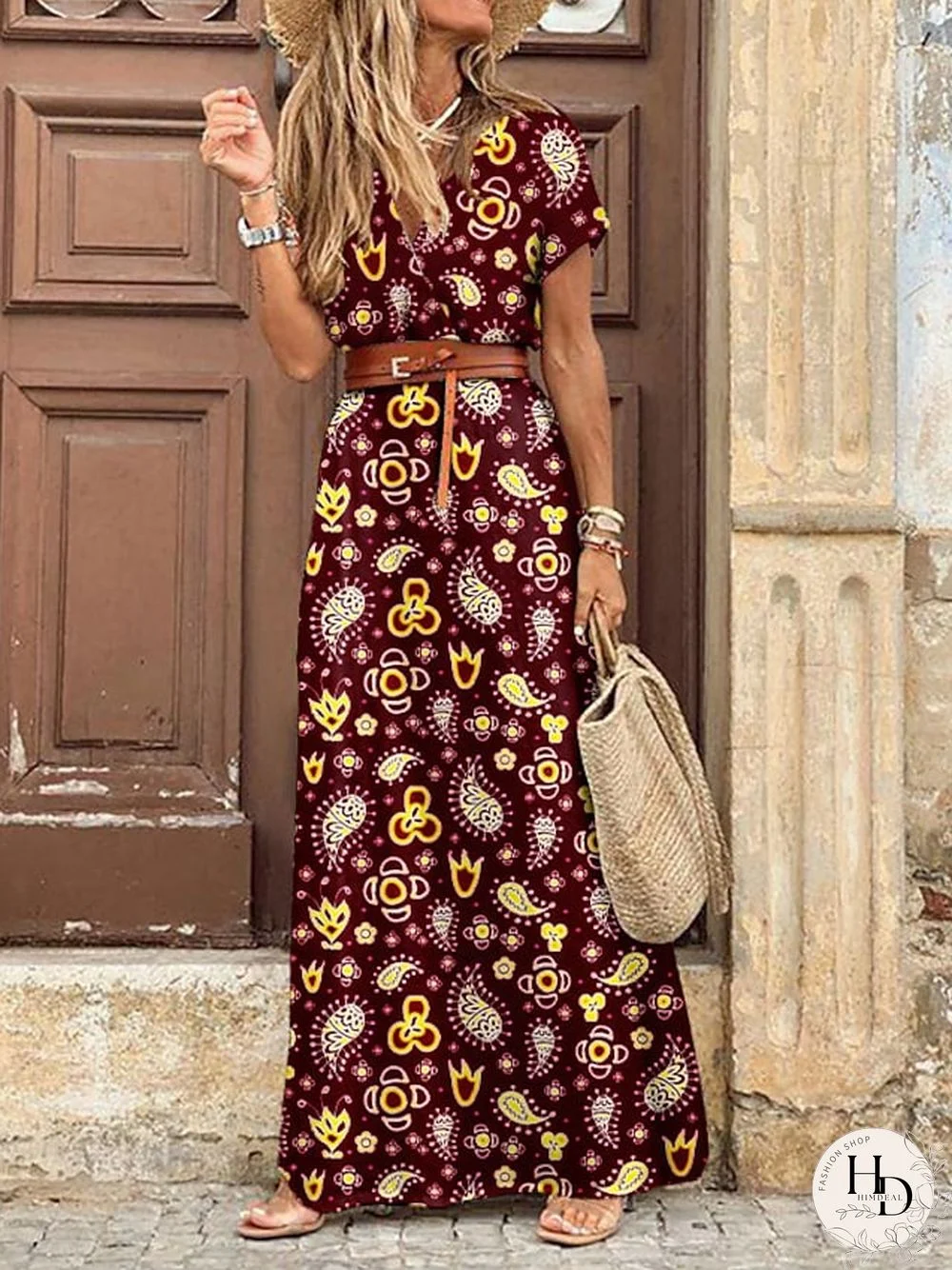 Women's Swing Dress Maxi long Dress Red Brown Short Sleeve Print Split Ruffle Button Spring Summer V Neck Vintage  S M L XL XXL 3XL