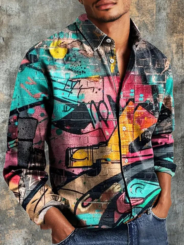 Men's Vintage Graffiti Abstract Art Print Long Sleeve Pocket Shirt