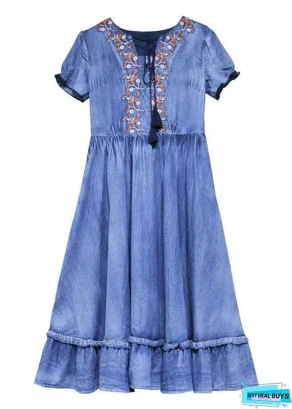 Unique Blue V Neck Ruffled Cinched Embroideried Cotton Denim Dresses Short Sleeve