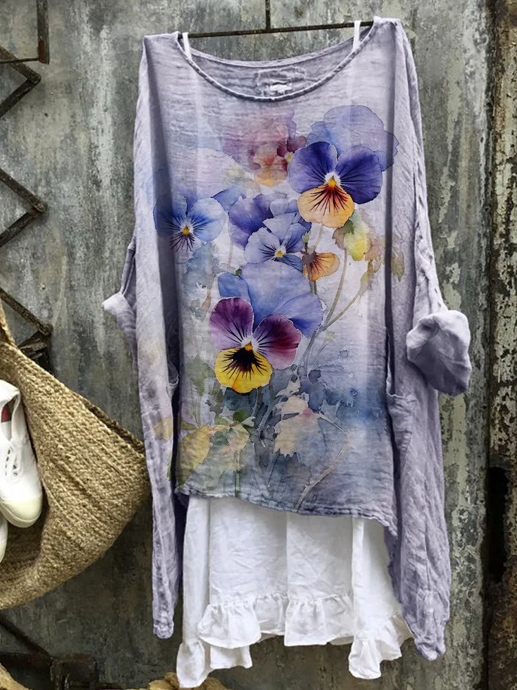 Comstylish Classy Pansy Floral Watercolor Linen Blend Tunic
