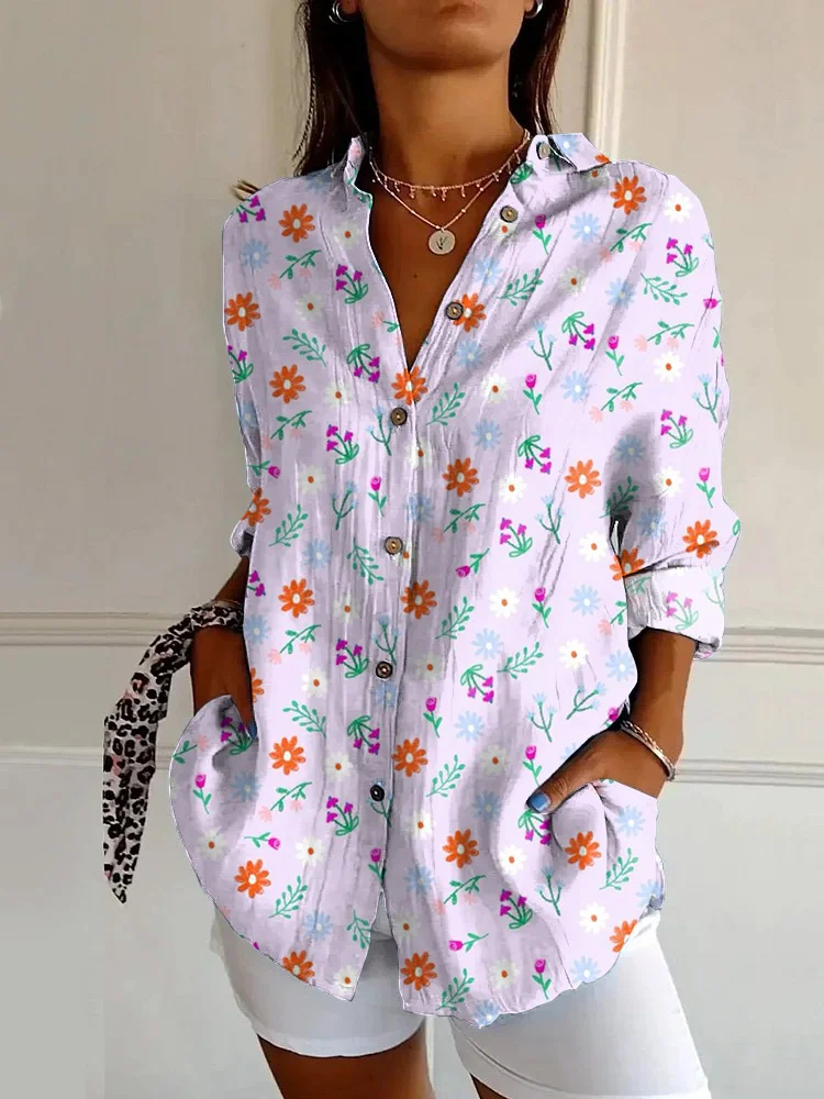 Retro Floral Print Casual Long Sleeve Shirt