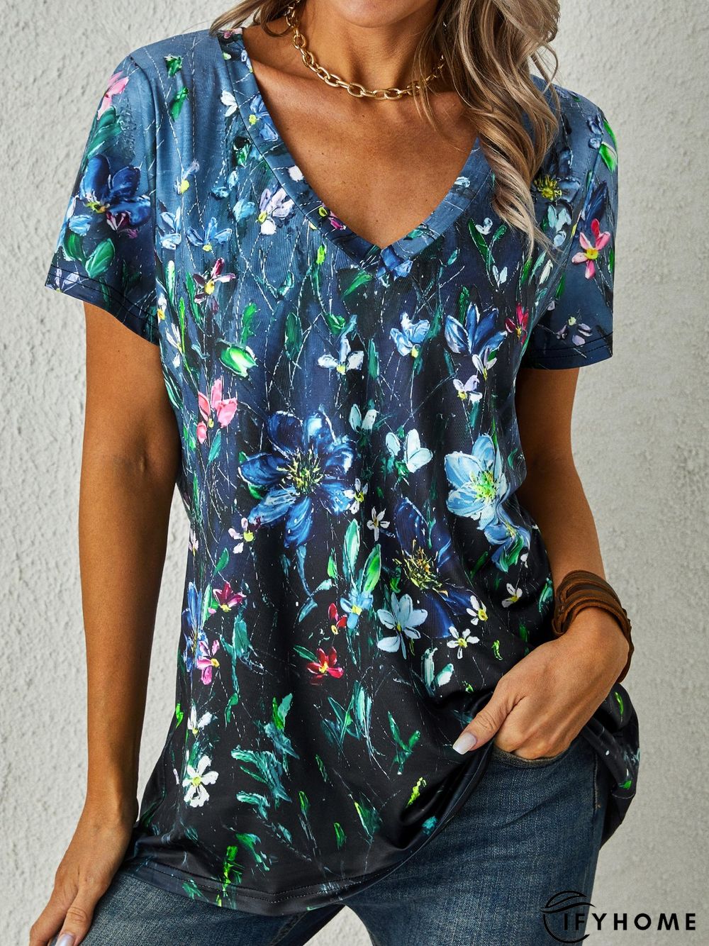 Floral Short Sleeve V Neck Casual T-Shirt | IFYHOME