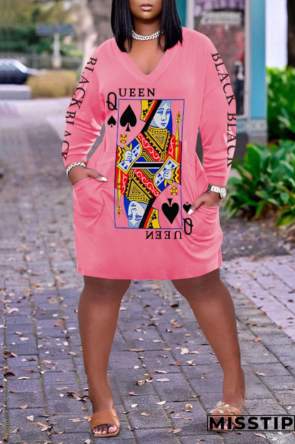 Dark Brown Casual Print Patchwork V Neck Long Sleeve Dresses