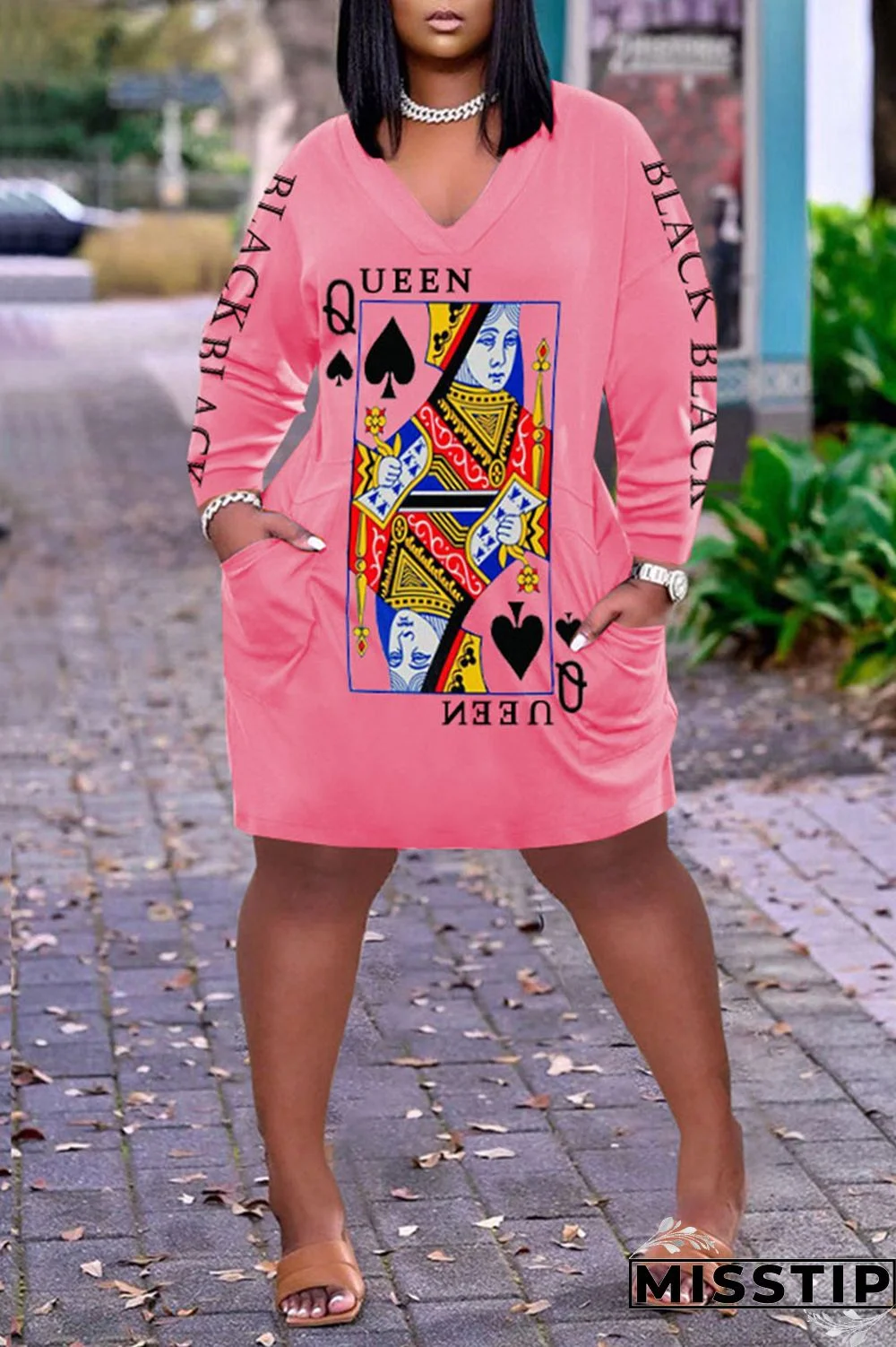 Dark Brown Casual Print Patchwork V Neck Long Sleeve Dresses