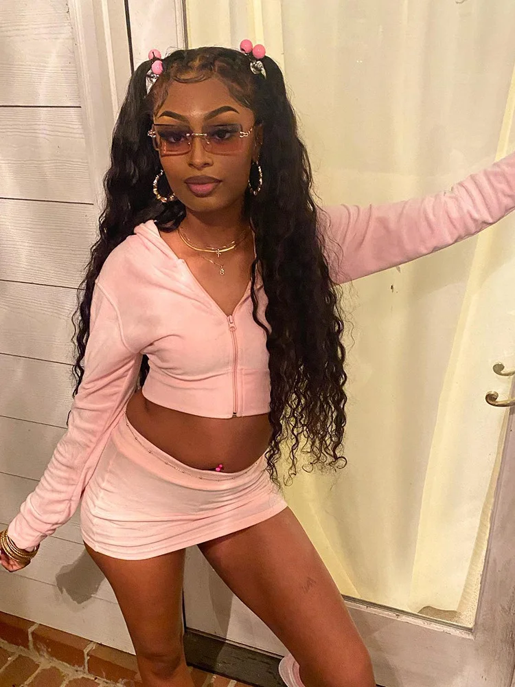 Uveng Uveng Has K24ST384 Women's New Autumn Solid Color Casual Fashion Umbilly Zip-Chain Set