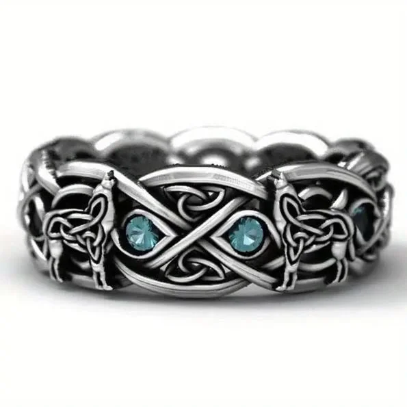 Coutureaura Medieval Celtic With Wolf Blue Topaz Ring