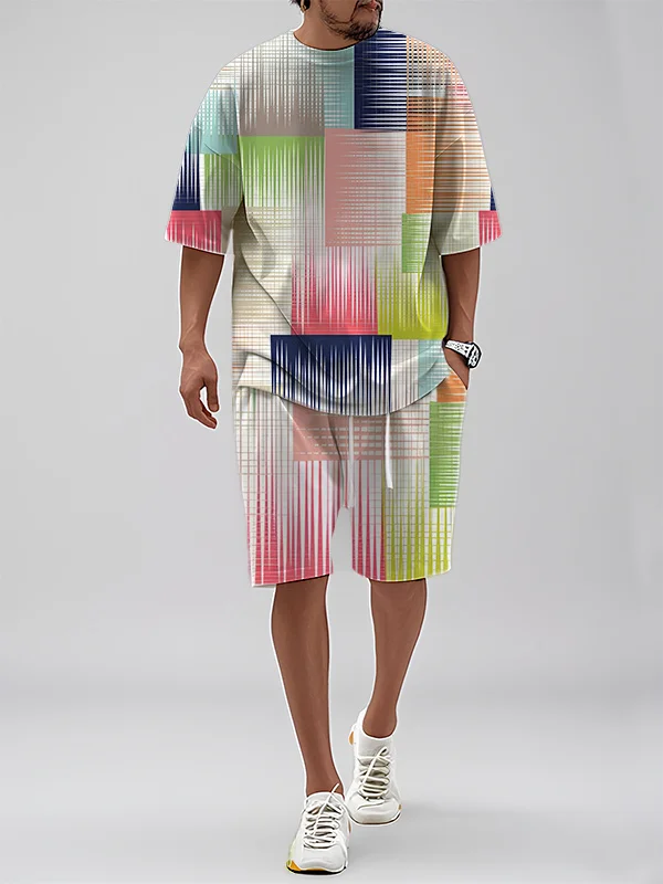 Men's Geometric Art Colorblock Print T-Shirt Shorts Set