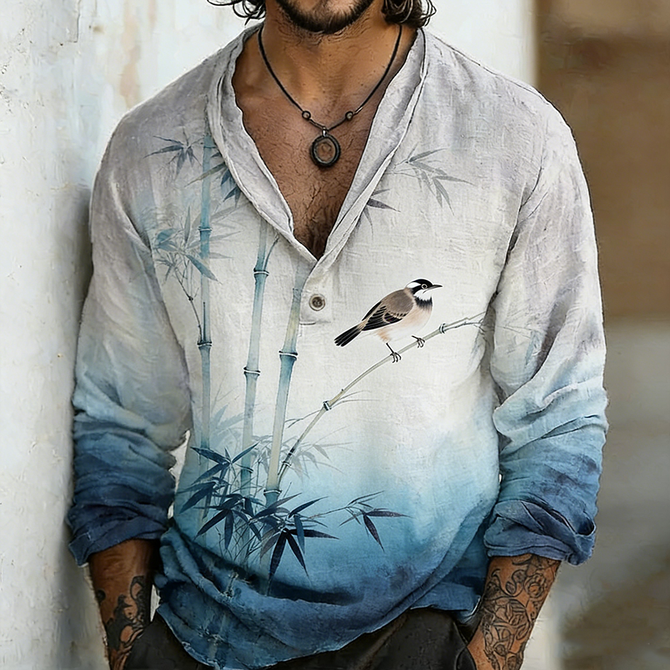 Japanese Art Retro Style Flower And Bird Pattern Men's Shirt  artssus