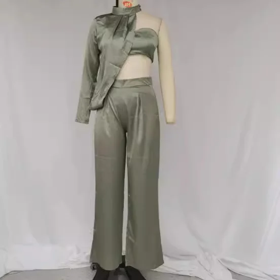 Wongn Wongn Women's Temperament Elegant Hanging Neck Diagonal Shoulder Chest Sexy Crop Wide Leg Pants Suit