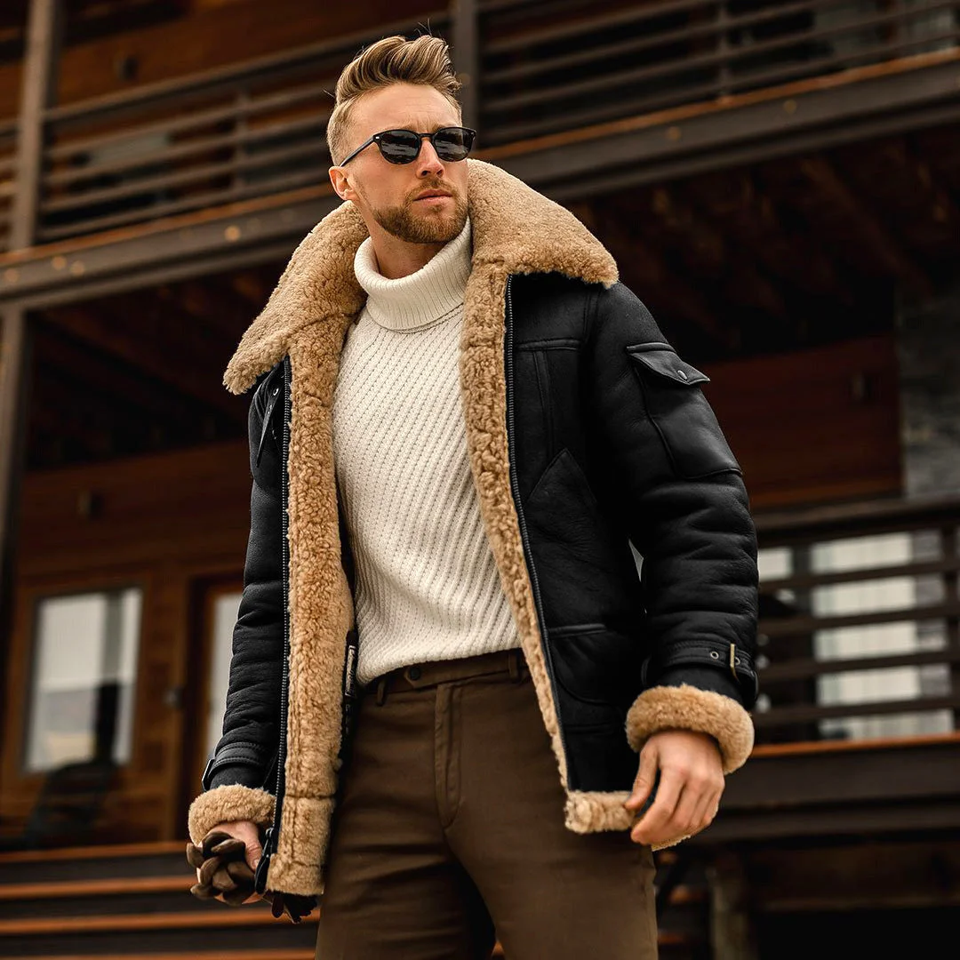 Men's Plus Size Frosted Fleece Plain Composite Leather Jacket Thick Coat Woolen Coat