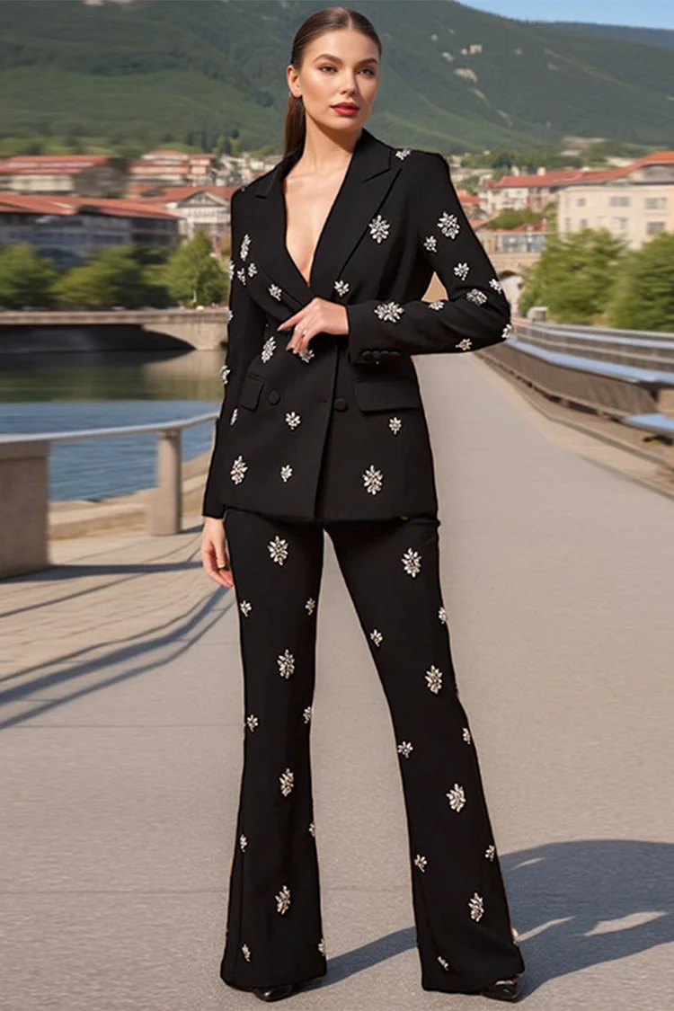 Floral Rhinestone Blazer Flare Leg Two Piece Pant Suit-Black