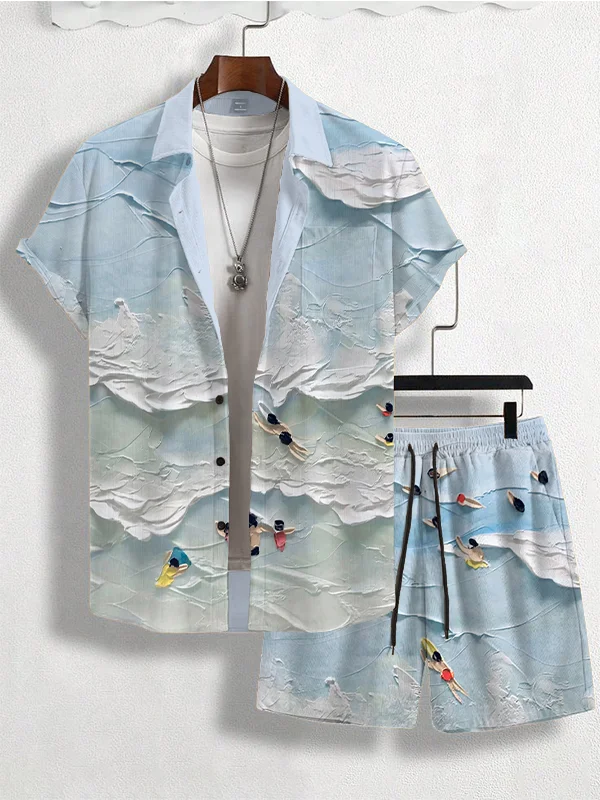 Men's Beach Surfing Oil Painting Print Short Sleeve Shirt Set