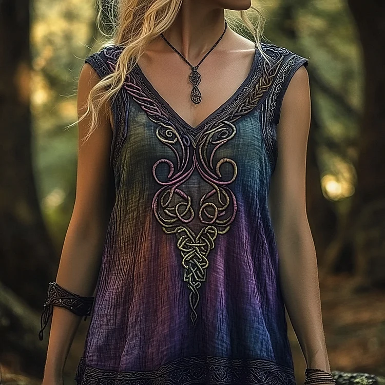 Vintage Celtic Embroidered Gradient Linen Tank Top