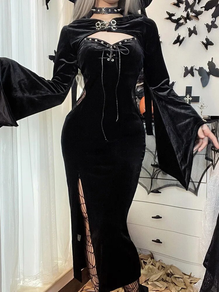 Gothic Vintage Women Dress Black Long Sleeve High Waist Dress  New Goth Aesthetic  Sexy Slim Party Club Dress CF22010AH