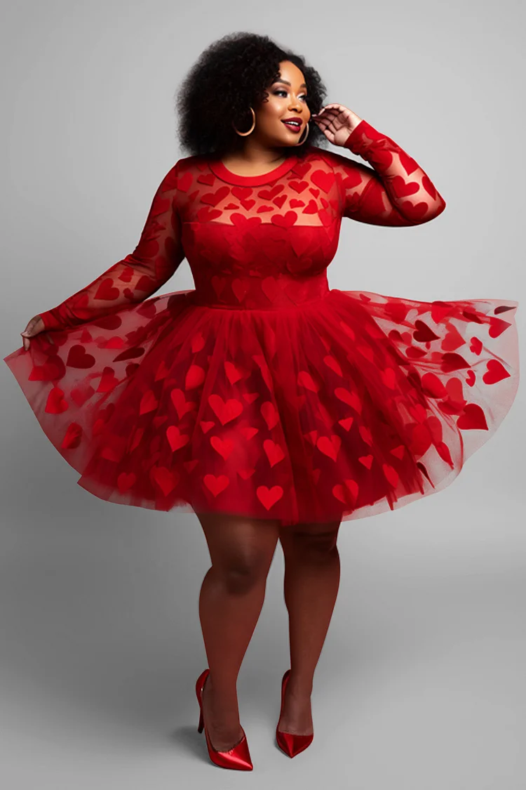 Xpluswear Design Plus Size Valentines Red Graphic Round Neck Long Sleeve See Through Tulle Mini Dresses [Pre-Order]