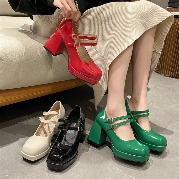 Yyvonne Coarse Square Head Small Leather Shoes Women 44 Large Spring And Autumn New Mary Jane French High Heel Single Shoes